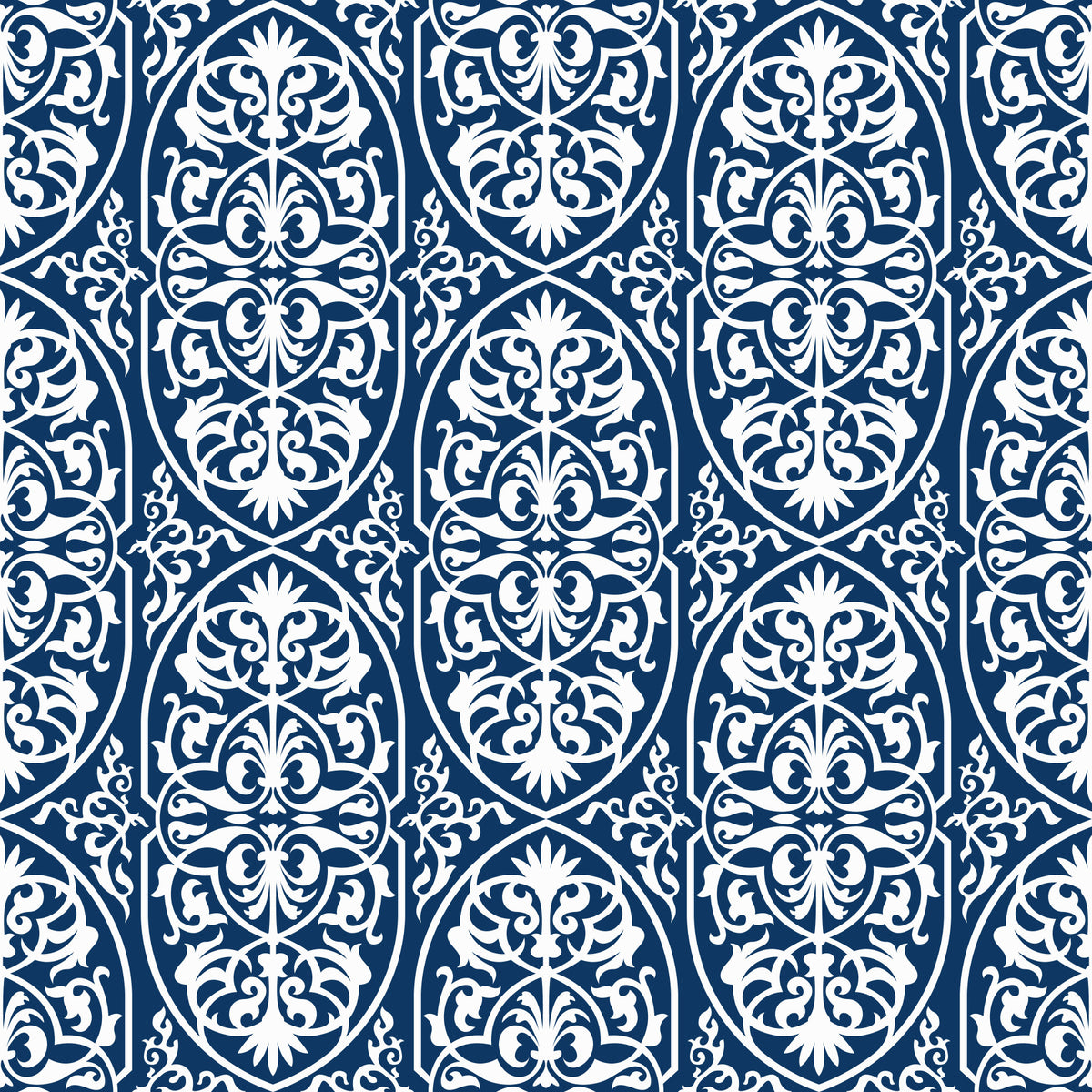 Carta da parati con motivo a volute damascate color mezzanotte
