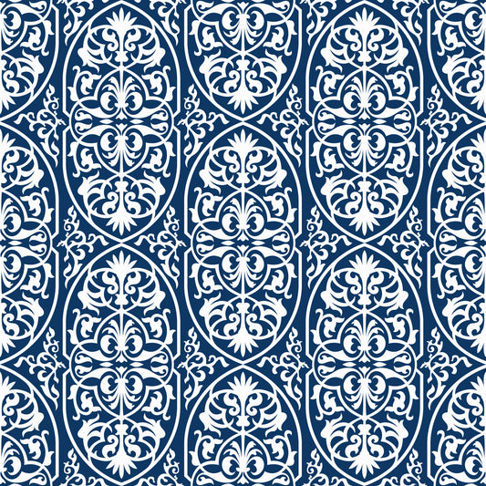 Tapete mit Damast-Rankenmuster in Mitternachtsblau⁠