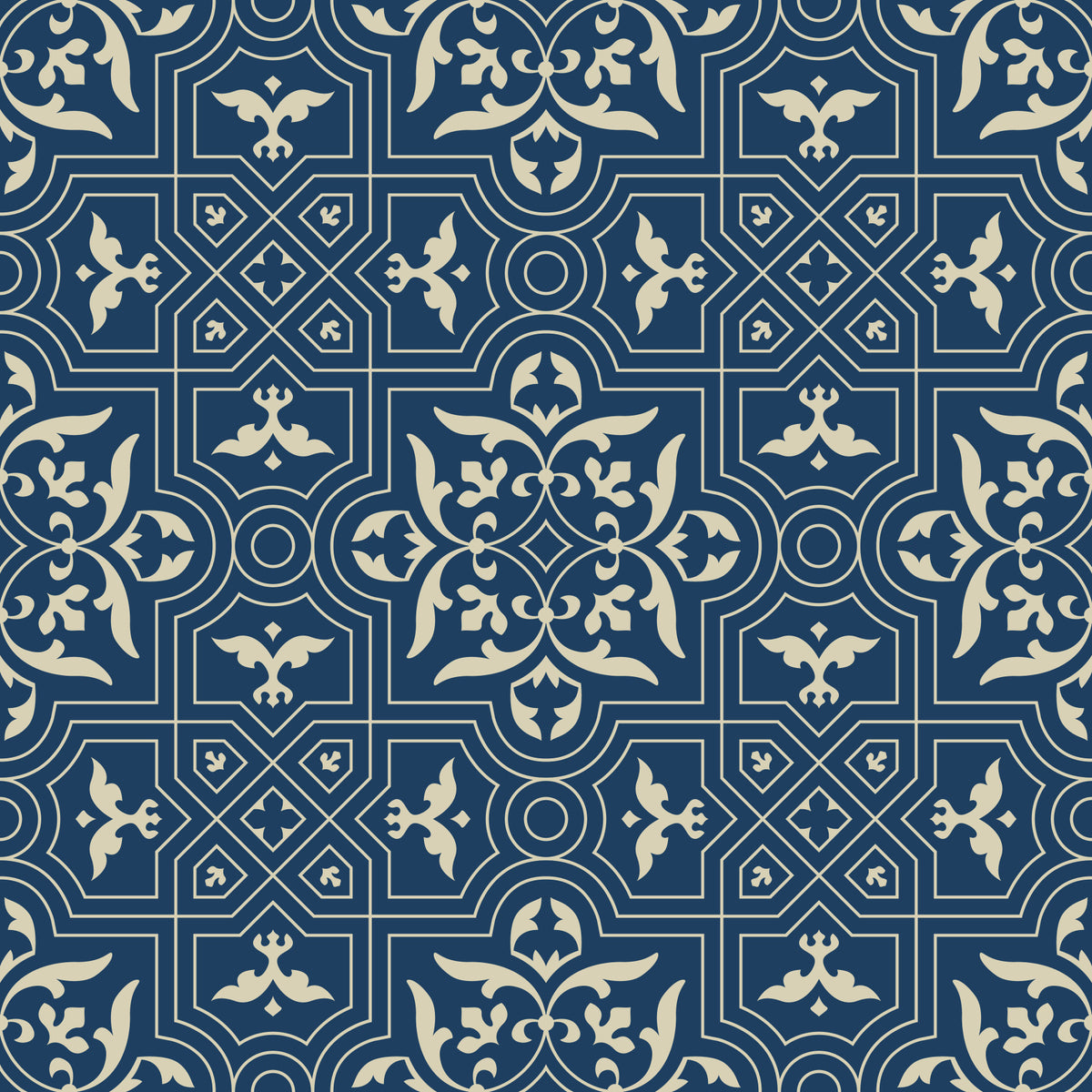 Geometrische Fliesen-Tapete mit Mitternachts-Damastmuster⁠ in your room — zoomed