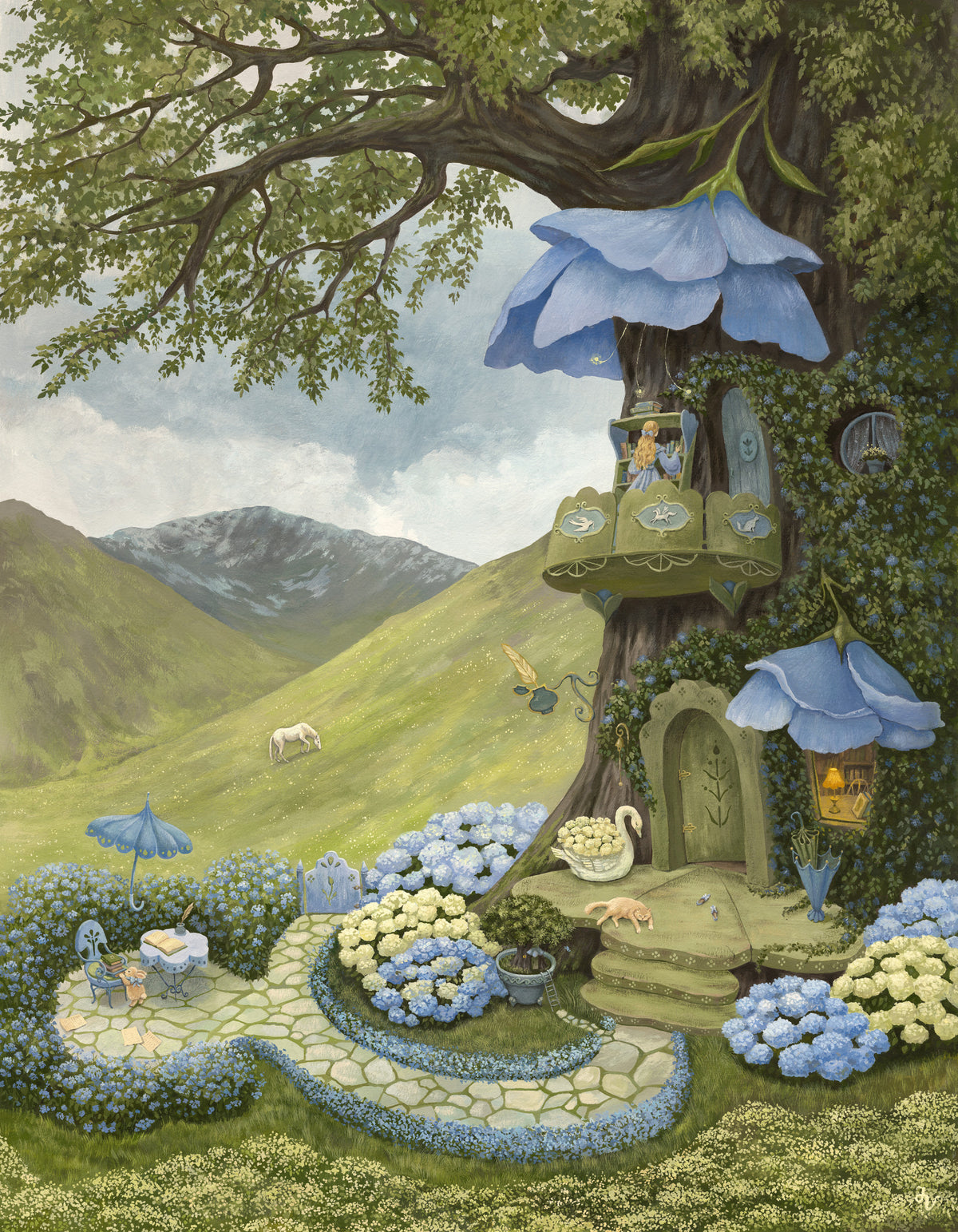 Enchanted Blue Flower Treehouse Wall Mural in your room