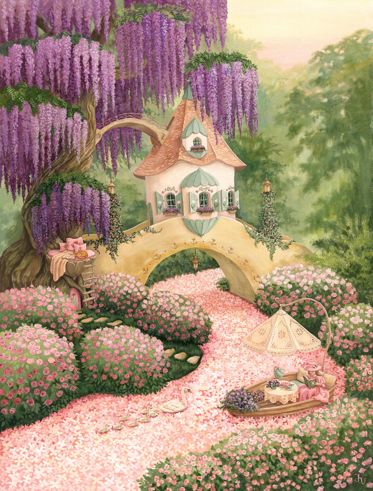 Mural de pared de cabaña en un jardín encantado de glicinias