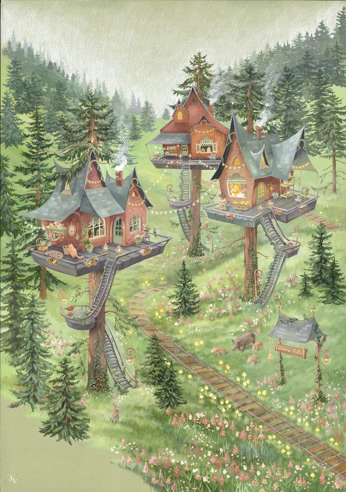 Verspieltes Wandbild mit einer Baumhaussiedlung im Wald in your room — zoomed