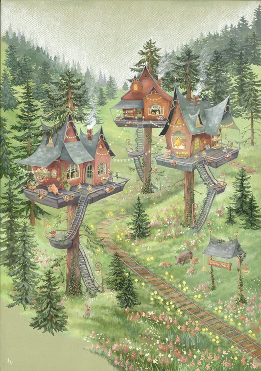 Verspieltes Wandbild mit einer Baumhaussiedlung im Wald