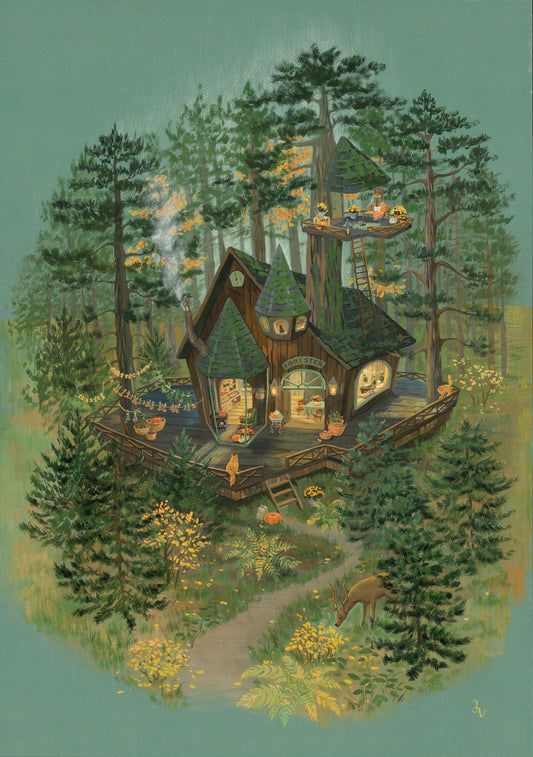 Wandbild-Illustration „Rückzugsort des Försters im Wald“