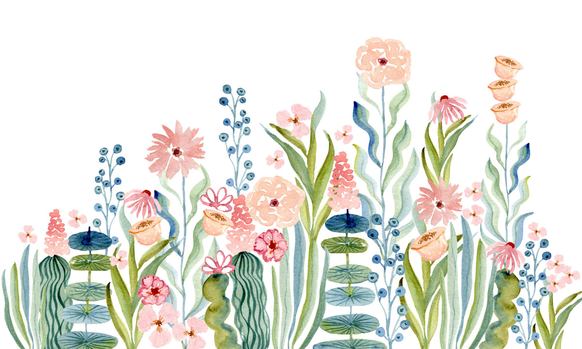 Wandbild „Botanischer Garten mit Aquarellblumenwiese“ in your room — zoomed