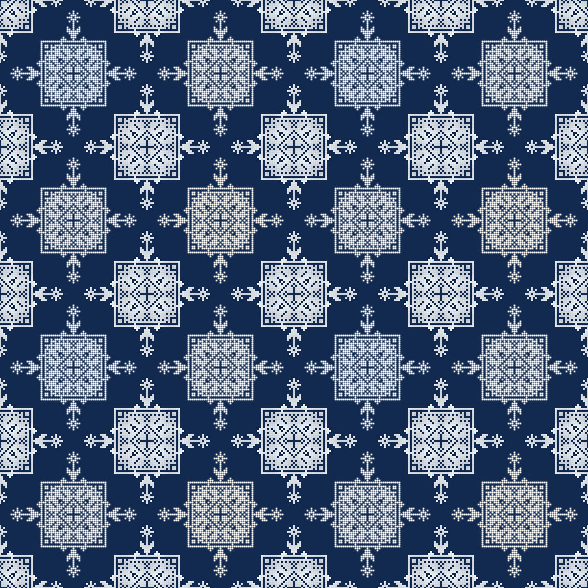 Tapete mit indigoblauem Kreuzstich-Fliesenmotiv in your room — zoomed