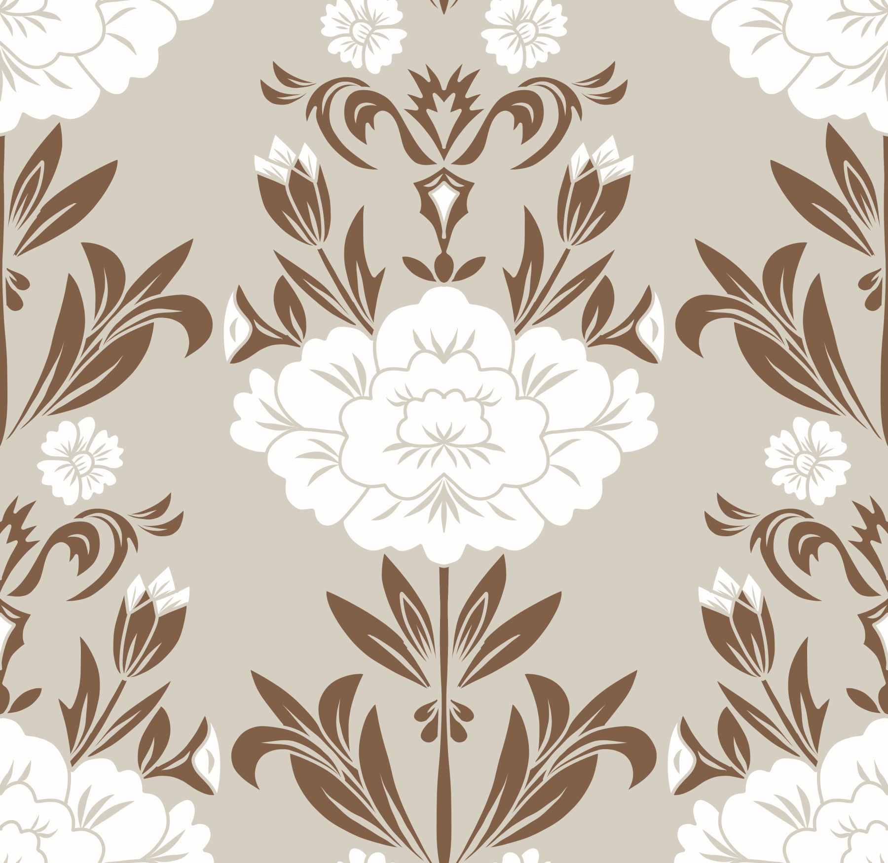 Blumentapete mit Damastmuster in Creme und Braun