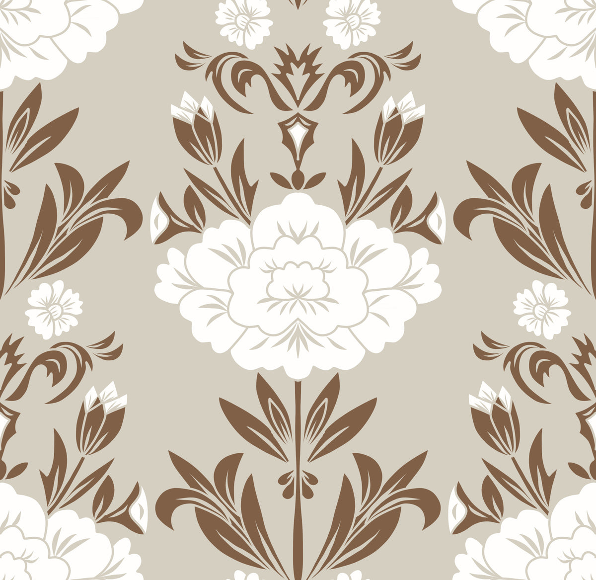 Blumentapete mit Damastmuster in Creme und Braun in your room — zoomed
