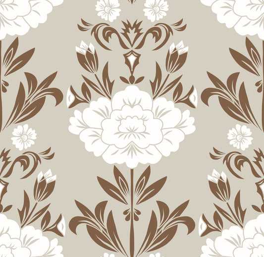 Cream and Brown Floral Damask Wallpaper⁠