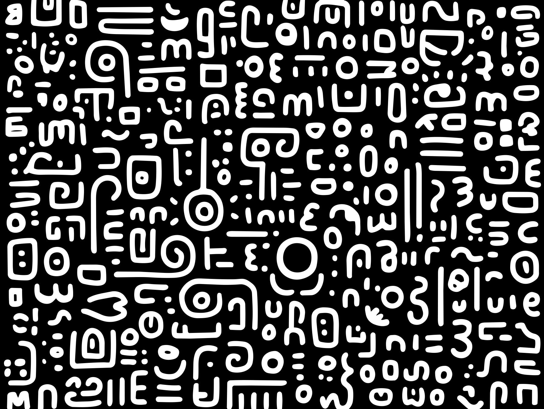 Monochrome geometrische Kritzel-Symbole auf schwarzem Wandbild