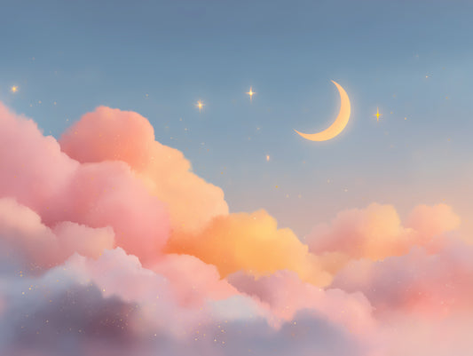 Wandmuurschildering met pastelkleurige, met sterren bezaaide wolken en maanhorizon