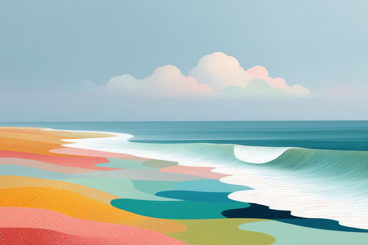 Levendige tropische strandhorizon en deinende branding voor aan de muur