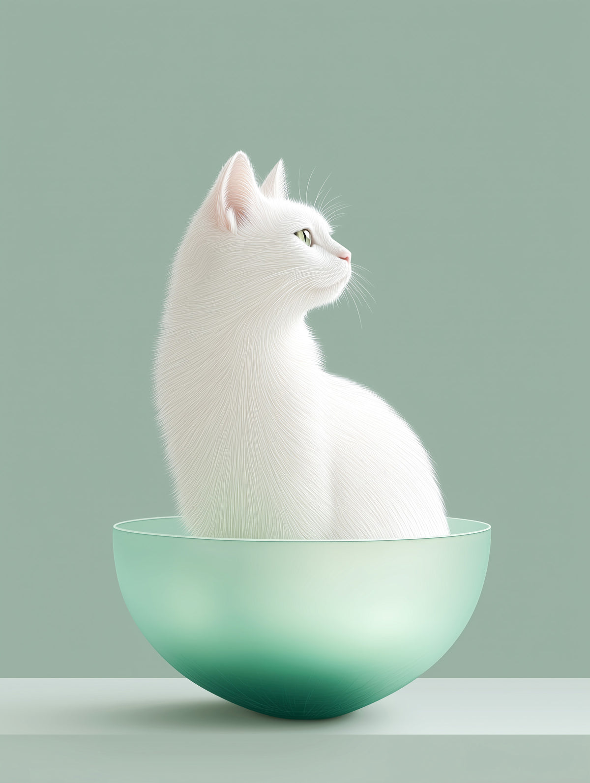 Minimalistisk veggmaleri med hvit katt i mintgrønn skål in your room — zoomed