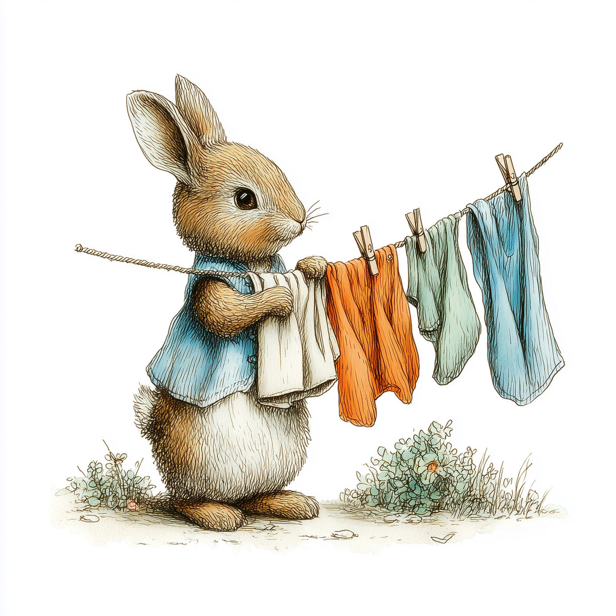Papier peint panoramique mural Woodland Bunny - Jour de lessive in your room