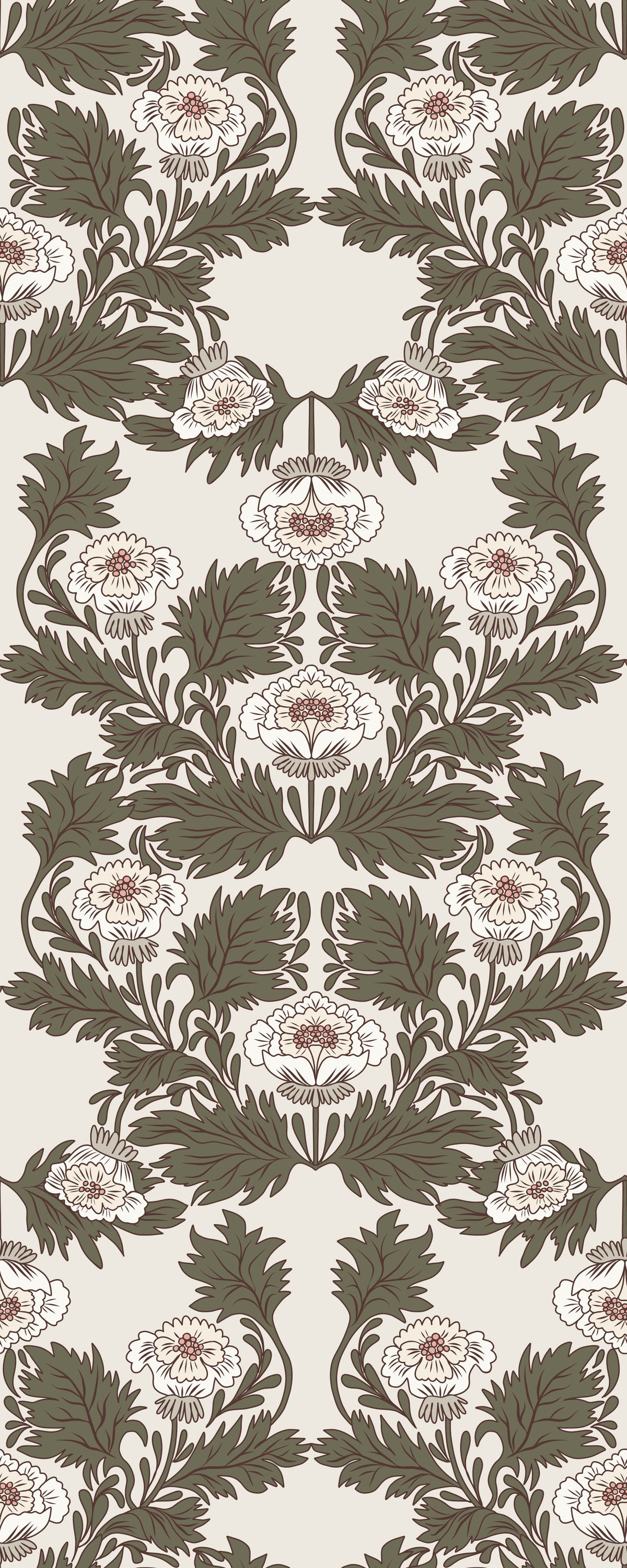 Tapetenillustration mit symmetrischen Salbeiblättern und Pfingstrosen⁠ in your room — zoomed