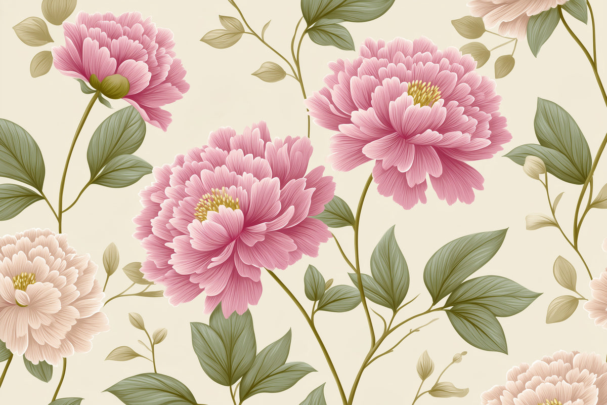 Papier peint mural panoramique « Jardin de pivoines rose poudré vintage » in your room — zoomed