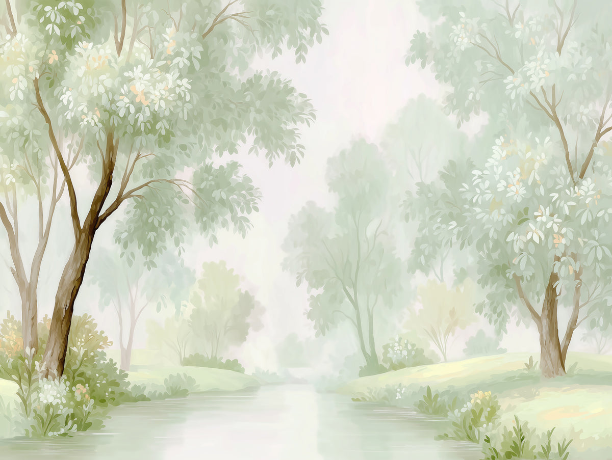 Murale da parete con foresta fluviale nella foschia mattutina in your room — zoomed