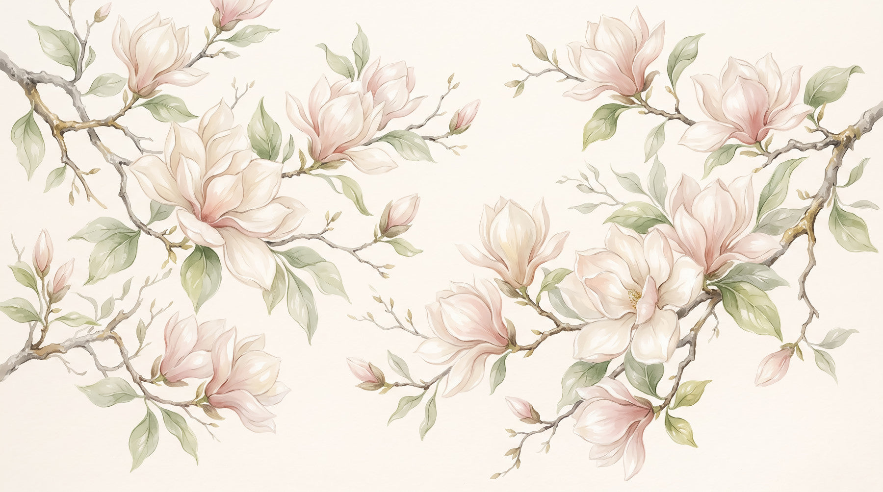 Papier peint panoramique mural représentant des branches de magnolias à l’aquarelle douce