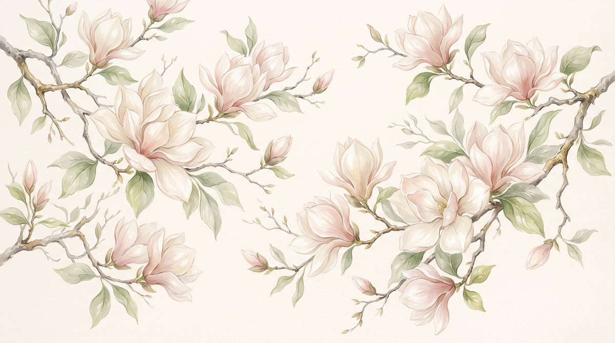 Papier peint panoramique mural représentant des branches de magnolias à l’aquarelle douce in your room — zoomed