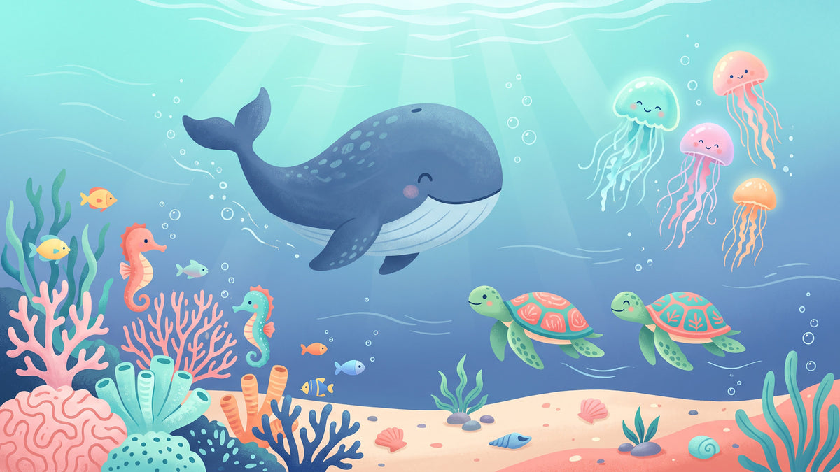 Panorama mural Scène océanique avec une baleine sympathique et ses amis in your room — zoomed