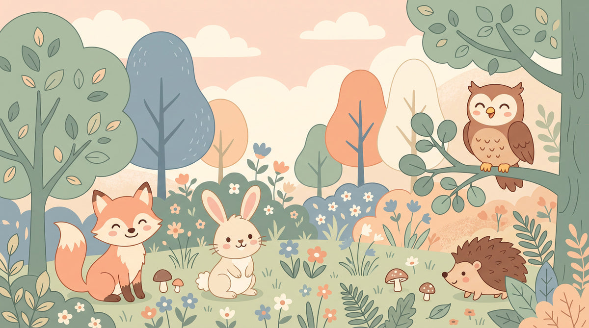 Panorama mural Animaux sympathiques de la forêt dans une forêt aux tons pastel doux