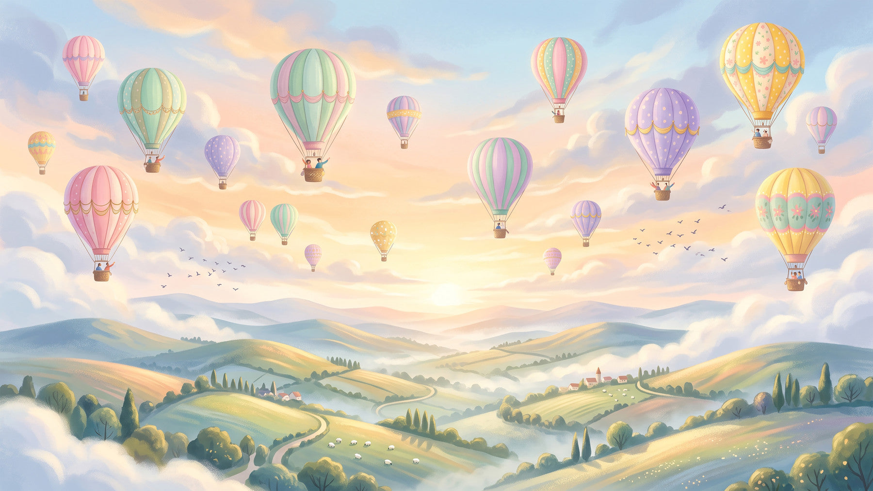 Panorama mural Ciels pastel et ballons flottants