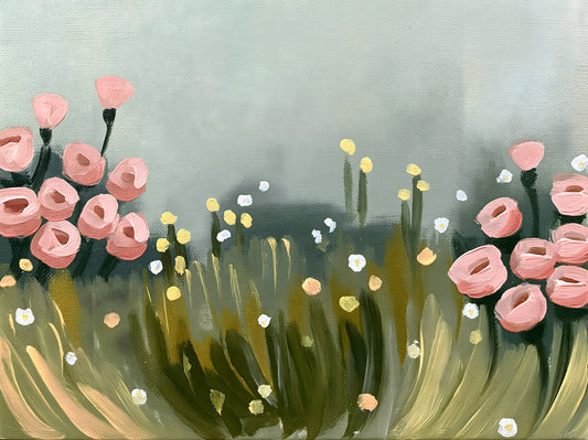 Papillons rose pâle dans la brume des prés - fresque murale