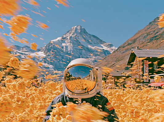 Astronaut Amidst Golden Alpine Blooms Wall Mural