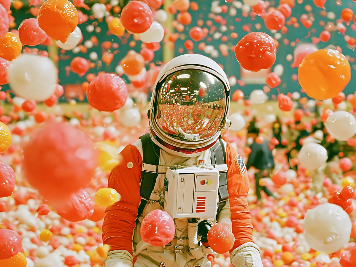 Muurschildering van een astronaut tussen zwevende bollen in your room