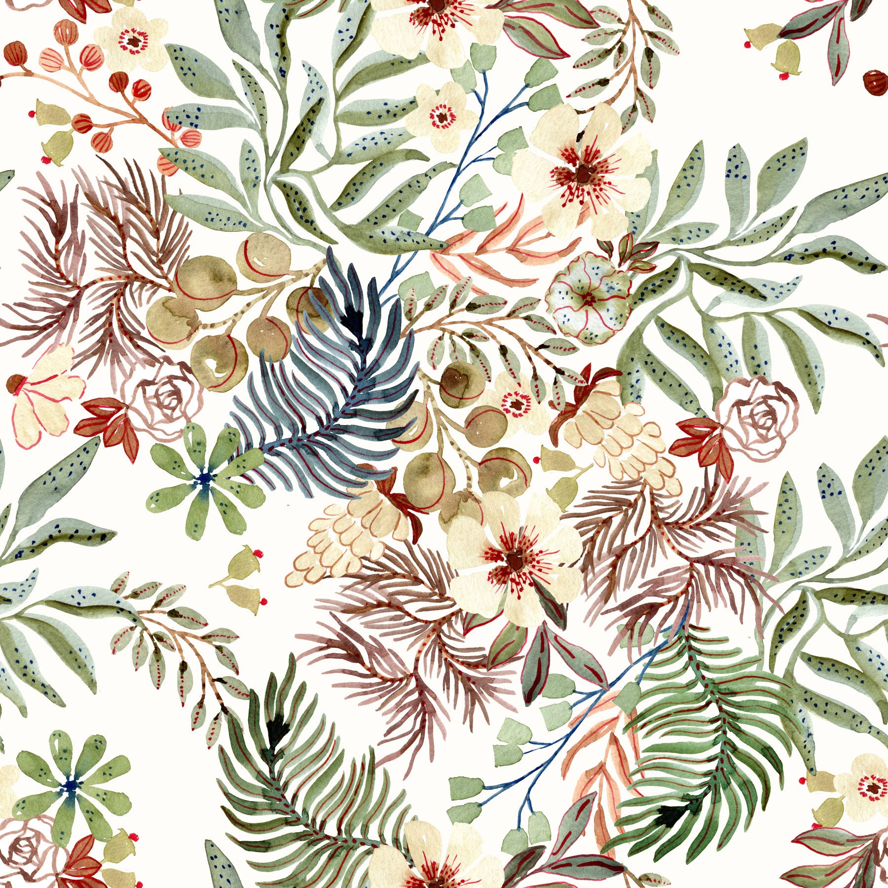 Tapet med illustration af vilde blomster fra en rustik eng