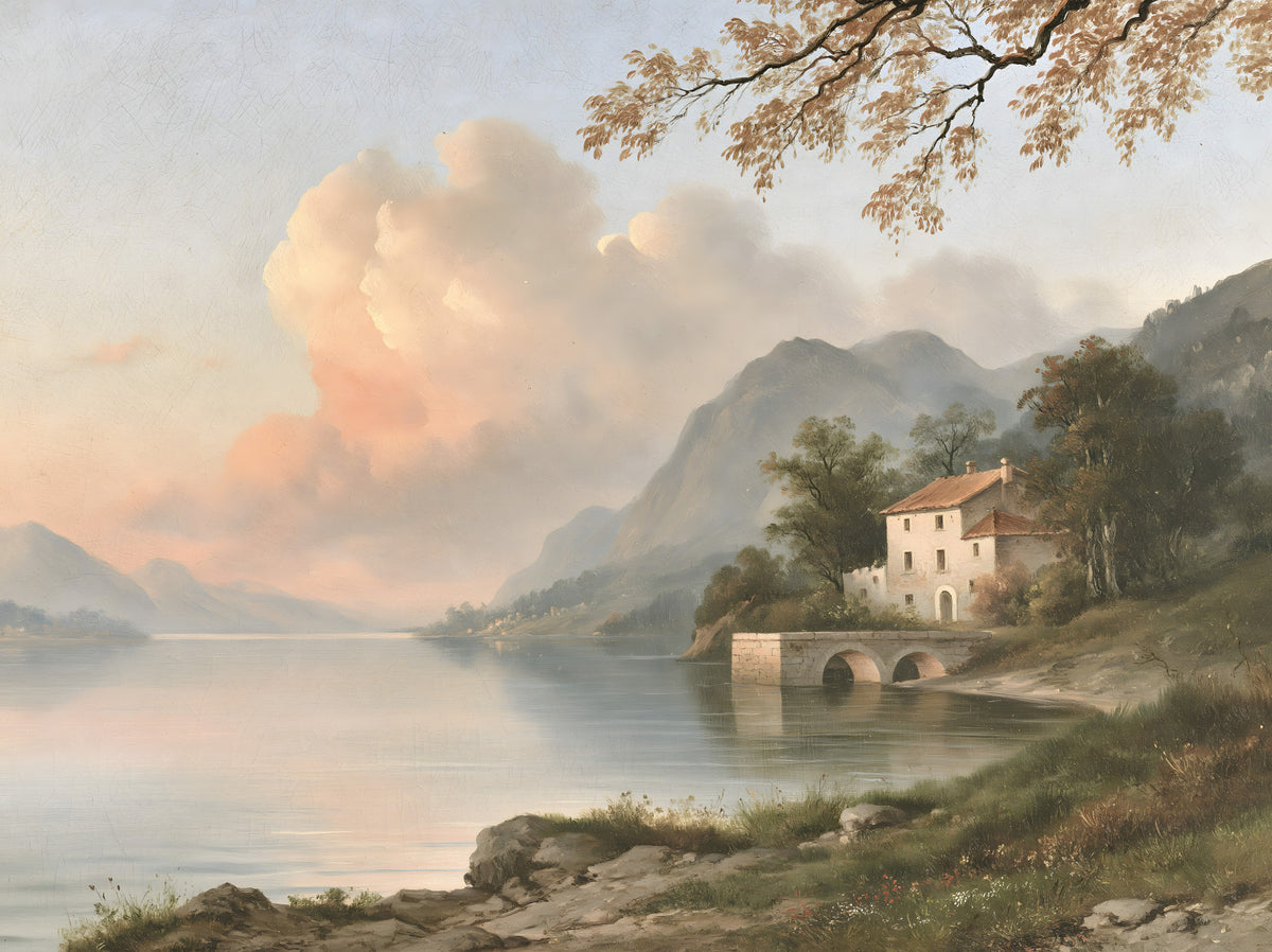 イタリアの湖畔のヴィラ風景壁画