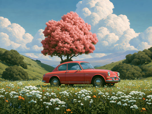 Vintage rode coupé in lent Weide wanddecoratie