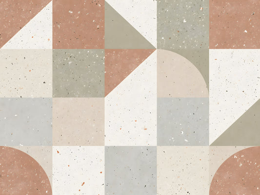 Papier peint panoramique mural avec composition géométrique de carreaux en terrazzo