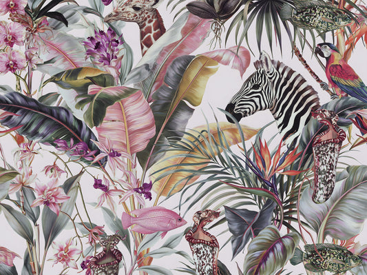 Papier peint panoramique représentant une faune exotique et une flore luxuriante