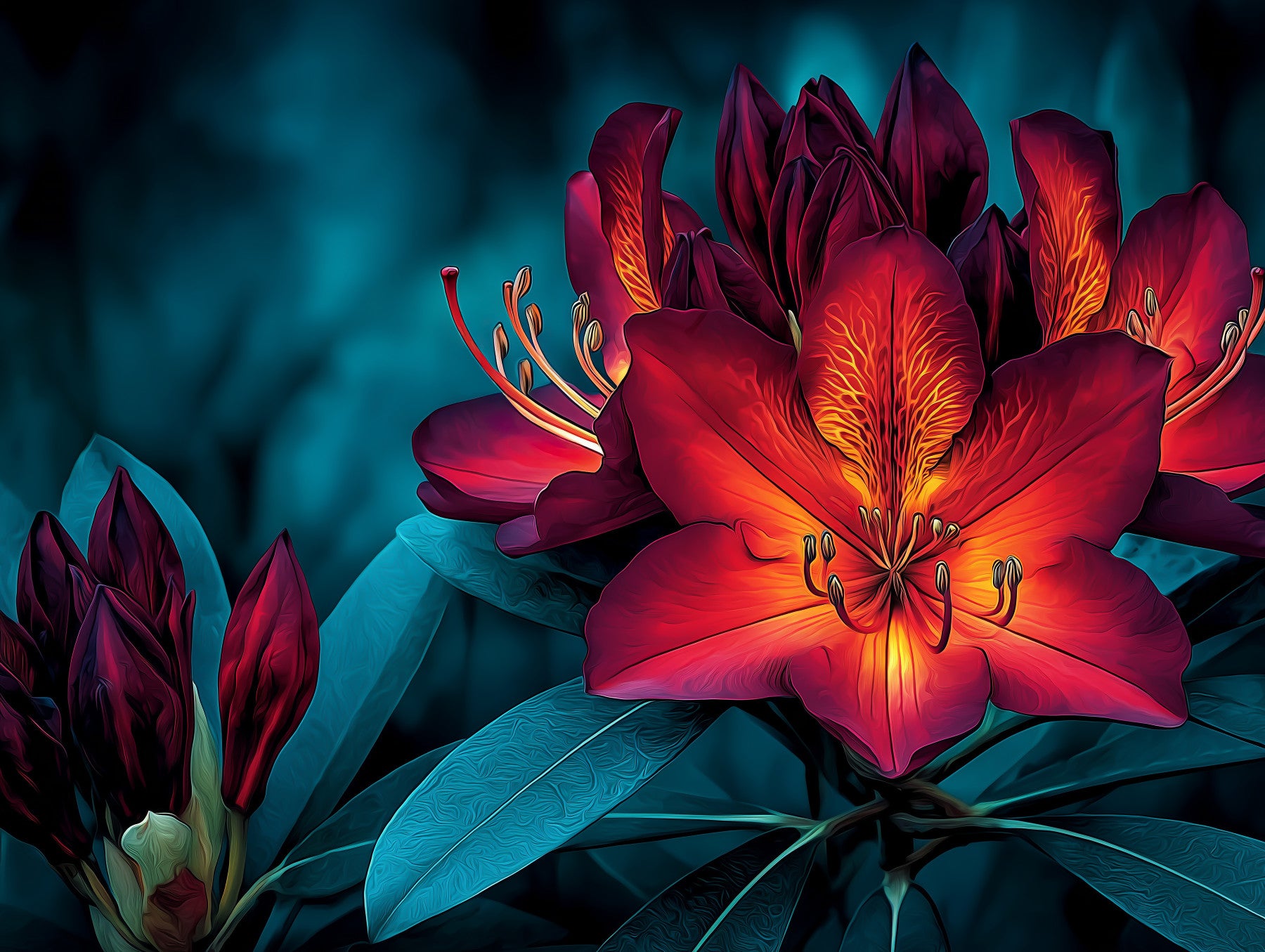 Moody Teal and Crimson Petals Wall Mural