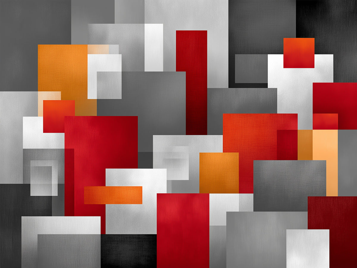 Fototapet mural cu compoziție geometrică din blocuri roșii și gri