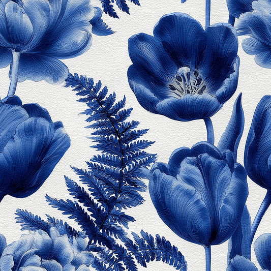 Indigo Botanical Tulip Fern Sketch Wallpaper⁠