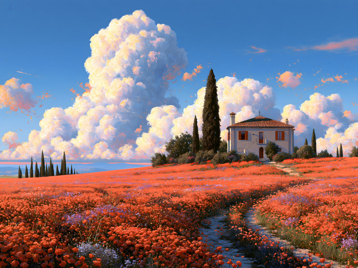 Murale da parete Villa nel prato di papaveri toscani in your room — zoomed