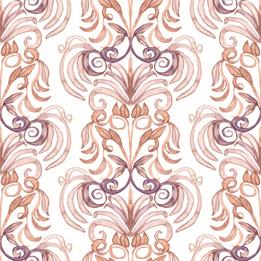 Papier peint à volutes damassées aquarellées douces