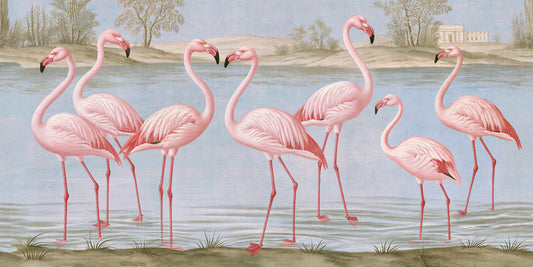Wandmuurschildering Flamingo-oase met rivieroeverlandschap
