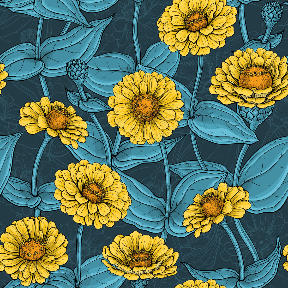 Papier peint botanique représentant un jardin de zinnias jaunes in your room