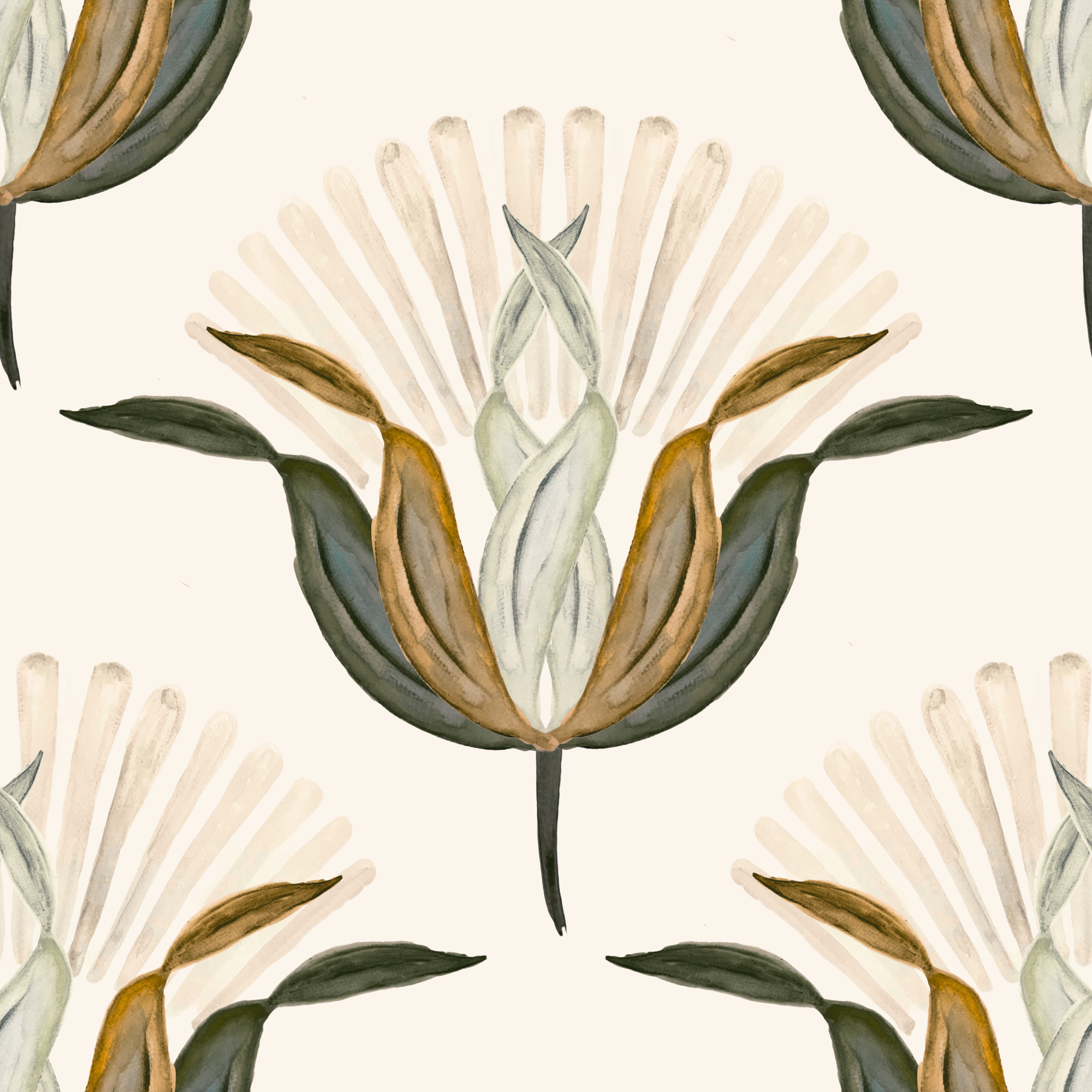 Carta da parati con fiori di loto verdi e color ottone