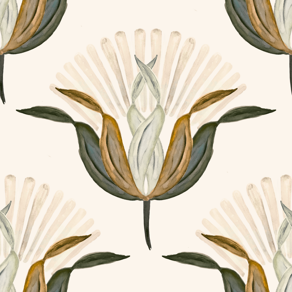 Carta da parati con fiori di loto verdi e color ottone in your room
