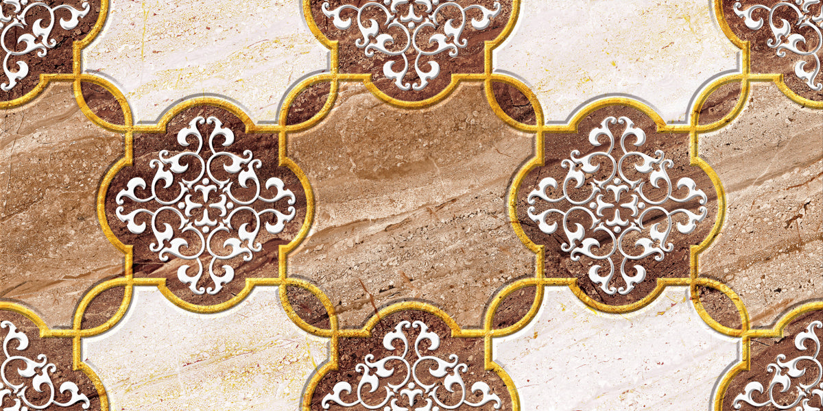 Luxuriöse beige Marmor-Wandtapete mit ornamentalem Gold, Wandbild in your room — zoomed
