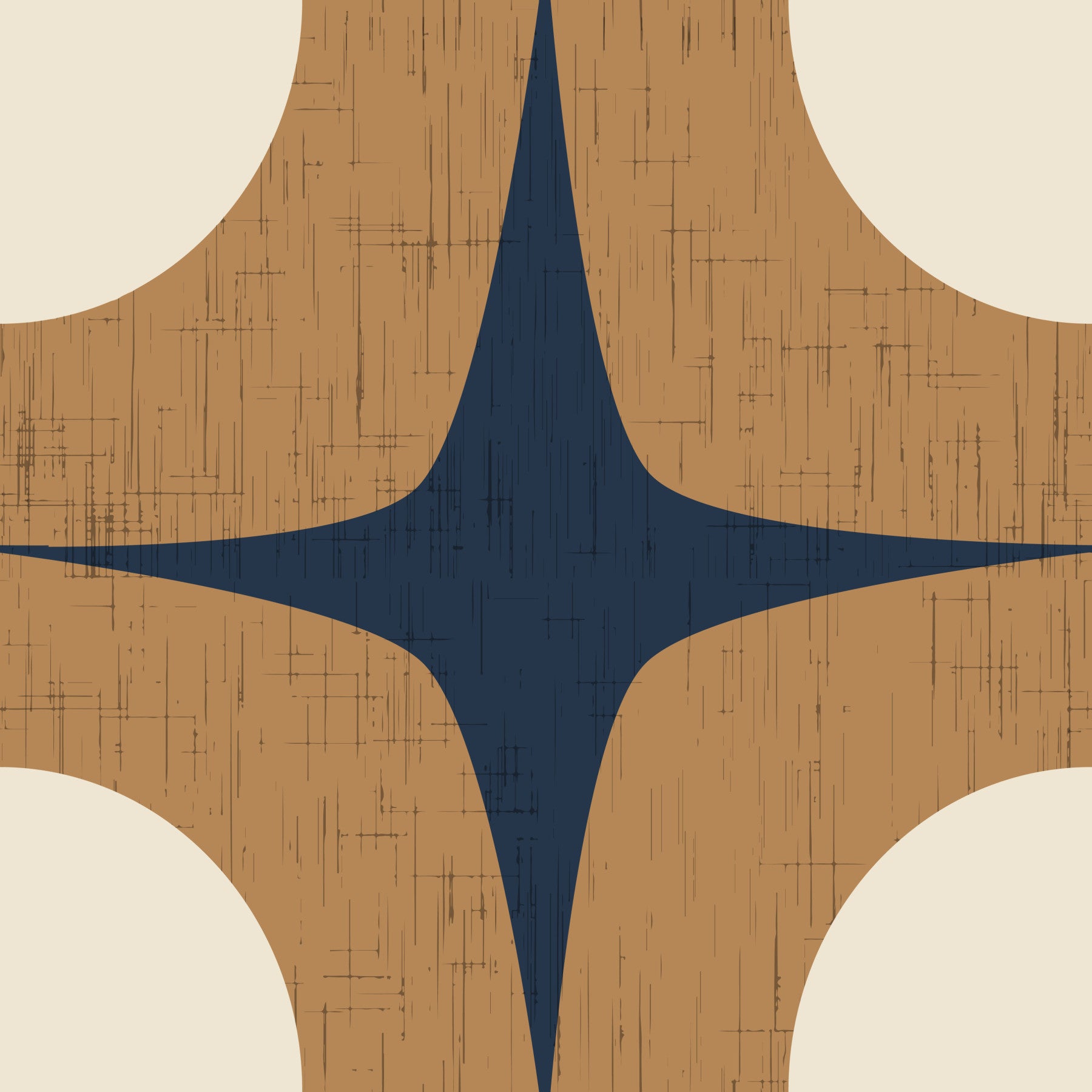 Papier peint à motif d’étoiles atomiques Mid-Century bleu marine et caramel\⁠