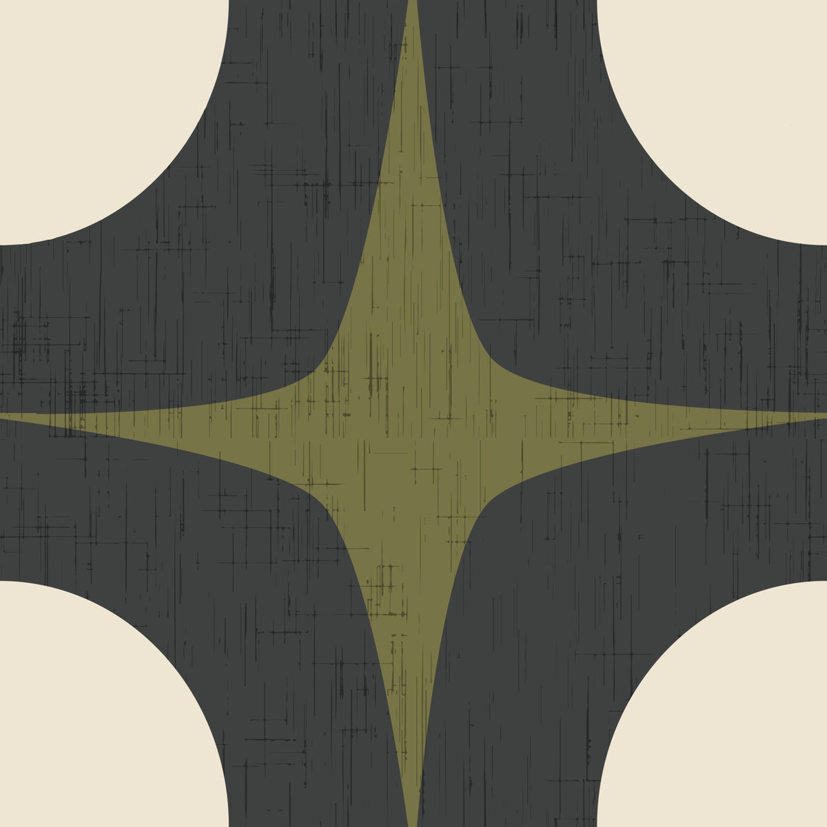 Mid Century Atomic Starburst Wallpaper Charcoal & Olive Wallpaper⁠ in your room