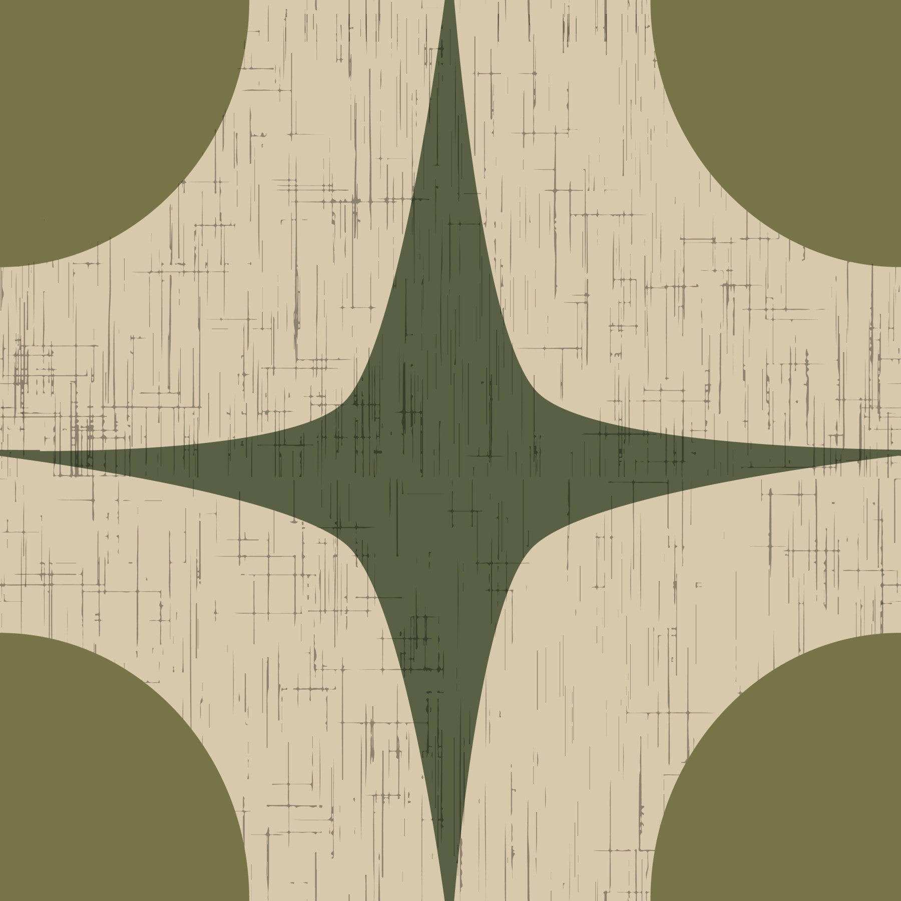 Carta da parati vintage geometrica con motivo a stella esplosiva Mid-Century verde oliva