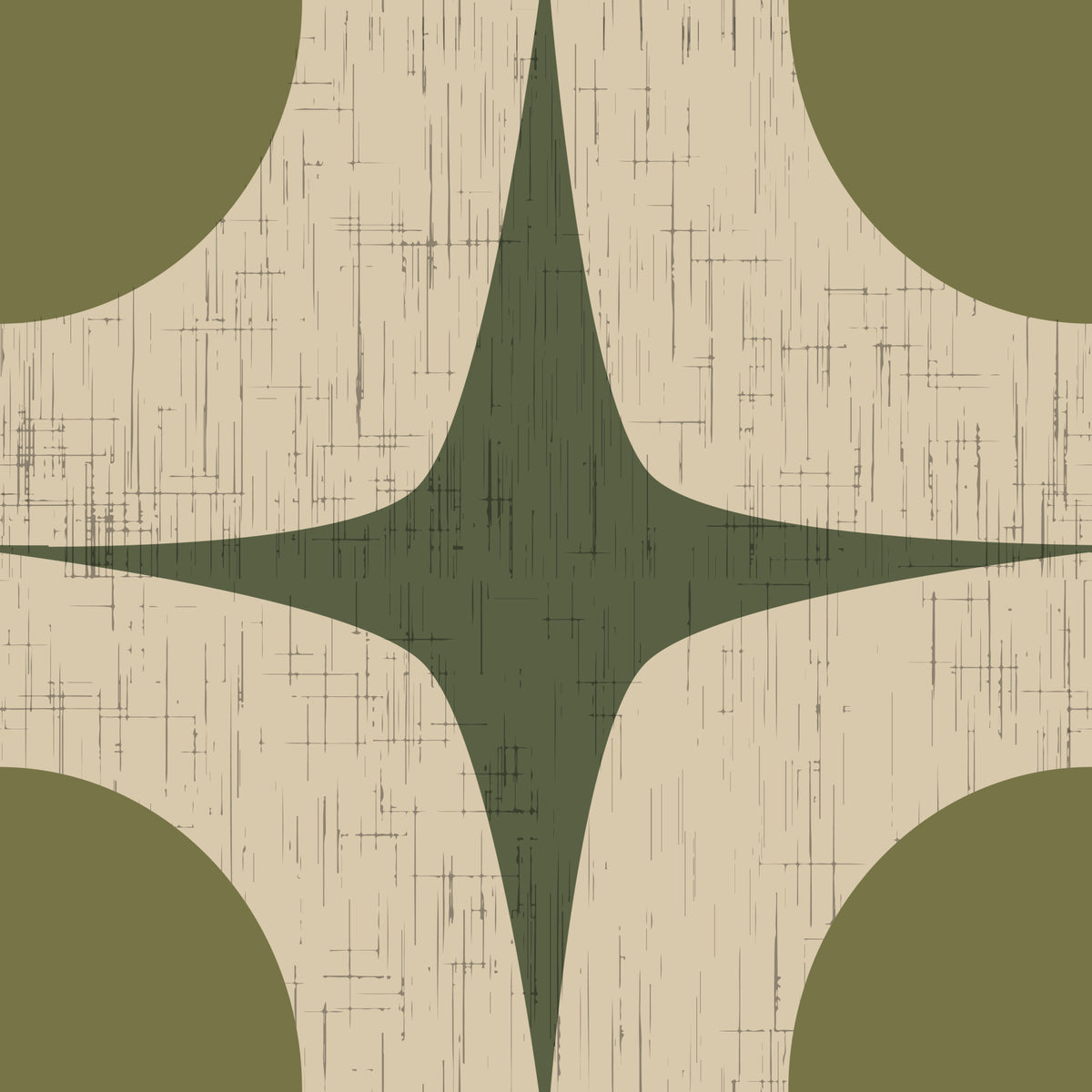Carta da parati vintage geometrica con motivo a stella esplosiva Mid-Century verde oliva in your room — zoomed