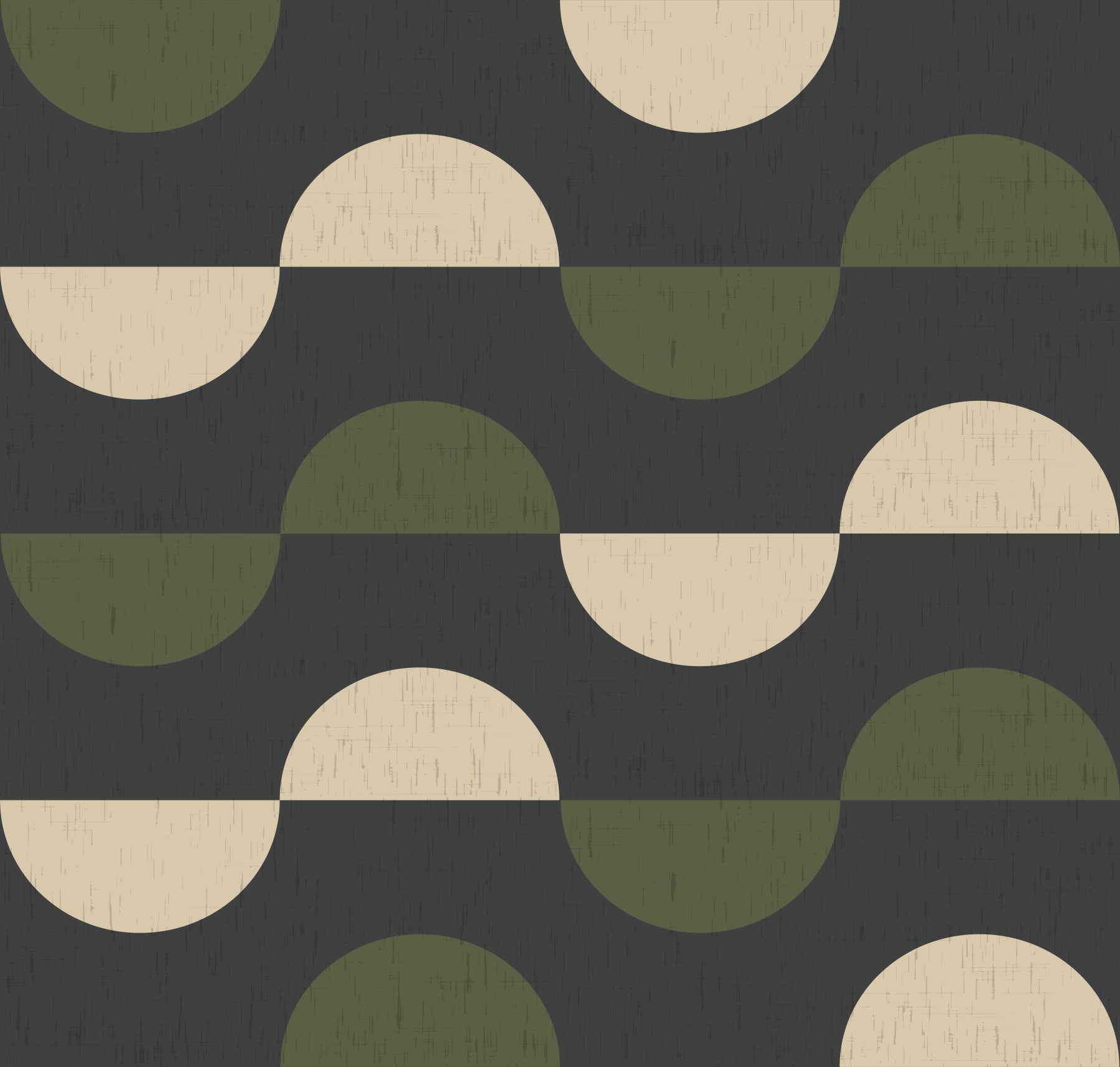 Papier peint demi-lune géométrique charbon et olive, style moderne du milieu du siècle