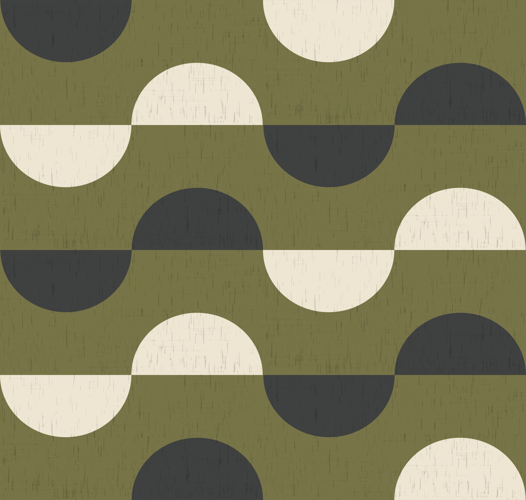 Papier peint demi-lune vert olive, style géométrique rétro du milieu du siècle